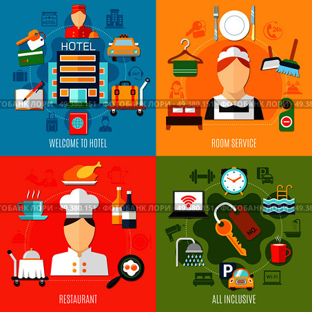 Hotel 2x2 design concept with restaurant and room services and all inclusive icons flat vector illustration. Hotel 2x2 Design Concept. Стоковая иллюстрация, агентство Ingram Publishing / Фотобанк Лори