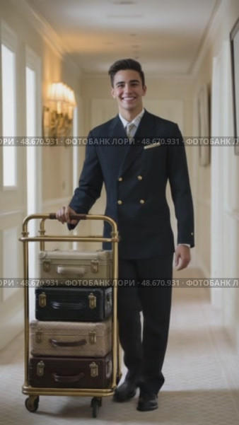 Hotel bellboy carrying luggage cart in corridor. Стоковое AI-видео, аниматор Юрий Поздников / Фотобанк Лори