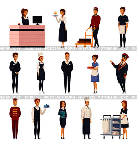 Hotel staff cartoon set of isolated icons representing bellboy maid doorman receptionist bellman chef concierge waiter vector illustration. Hotel Staff Cartoon Set. Стоковая иллюстрация, агентство Ingram Publishing / Фотобанк Лори