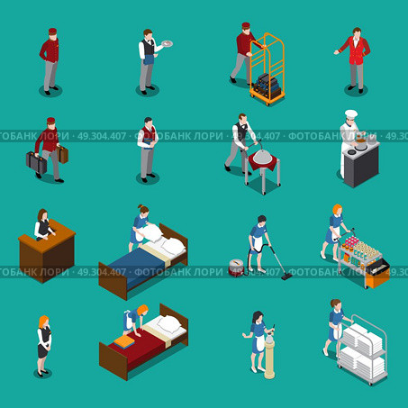 Hotel Staff Isometric Set. Hotel staff isometric set including administrator maid waiter porter chef bellboy on green background isolated vector illustration . Стоковая иллюстрация, агентство Ingram Publishing / Фотобанк Лори