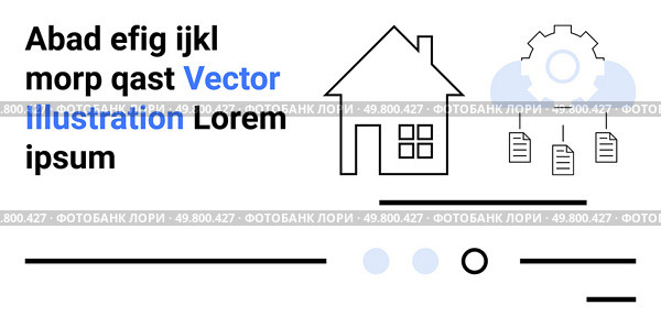 House graphic, gear with documents, text lines, circles. Ideal for real estate, technology, digital services, data management, web design, marketing, analytics Landing page. Real Estate Technology House, Gear with Documents, Text, and Abstract Elements in Modern Design. Стоковая иллюстрация, агентство Ingram Publishing / Фотобанк Лори