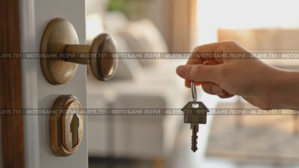 House Keys. Keys from new house and blurred cardboard boxes during relocation. Open entrance door, house shaped keychain. Keyring in the lock of door. Real estate, agent, insurance, property concept. Стоковое AI-видео, аниматор Марина Демидюк / Фотобанк Лори