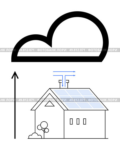 House with solar panels beneath a cloud symbol, representing sustainable energy. Ideal for themes renewable energy, smart technology, environmental impact, innovation, future homes, eco-friendly. Renewable Energy and Smart Home Technology Converge for Sustainable Living. Стоковая иллюстрация, агентство Ingram Publishing / Фотобанк Лори