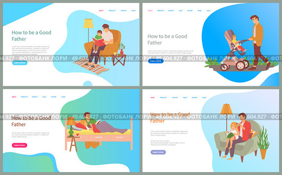 How to be good father vector, child sitting in perambulator, male with pram walking on weekends, care for daughter, bedtime reading and feeding. Website or slider app, concept for Father day. How to be Good Father, Daddy Walking Kid in Pram. Стоковая иллюстрация, агентство Ingram Publishing / Фотобанк Лори
