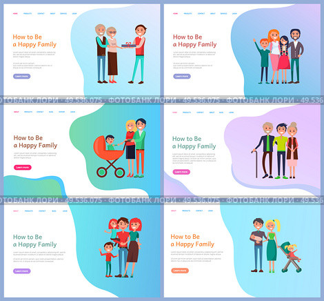 How to be happy family website with buttons. Portrait view of parents, children and baby carriage. Mother and father, son and daughter, relatives vector. Webpage template, landing page in flat style. Family Portrait View, Parents and Children Vector. Стоковая иллюстрация, агентство Ingram Publishing / Фотобанк Лори
