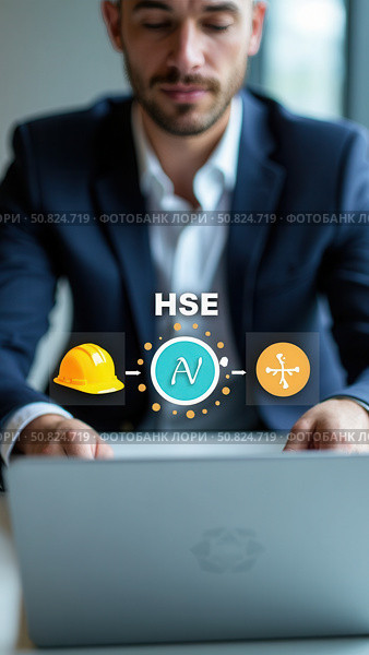 HSE Concept for Workplace Health and Safety. Businessman using laptop with icons representing health, safety, and environmental protection, illustrating HSE management system in business process. Стоковое AI-изображение, AI-художник Sergey Grishin / Фотобанк Лори
