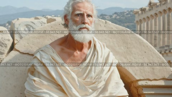 Худой старик в белом одеянии сидит, отдыхает в тени, потом встает в полный рост и указывает правой рукой на храм. Античный город у моря. Стоковое AI-видео, аниматор Щеголева Ольга / Фотобанк Лори