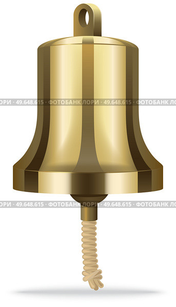 Huge golden pirate ship bell with rope designed for hand use. Ancient technology for signaling from ship to shore. Metal percussion musical and signal instrument for yacht, attribute of sea travel. Big bell from sailing ship isolated on white background. Large golden toller for pirate boat. Стоковая иллюстрация, агентство Ingram Publishing / Фотобанк Лори