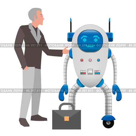Human and robot cooperation isolated on white background. Grey-haired Man in suit and electronic robot on wheels with buttons and detectors stand near briefcase. Futuristic scene vector illustration.. Human and Robot Cooperation Isolated Illustration. Стоковая иллюстрация, агентство Ingram Publishing / Фотобанк Лори