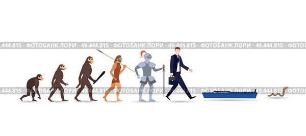 Human evolution stages. Evolutionary process and gradual development visualization from monkey or primate to businessman dressed in suit carrying briefcase. Flat cartoon colorful vector illustration. Стоковая иллюстрация, агентство Ingram Publishing / Фотобанк Лори