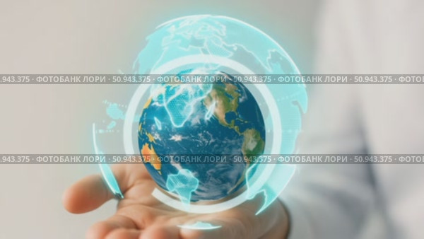 Human hand holding a holographic digital Earth model. Стоковое AI-видео, аниматор Екатерина Усенко / Фотобанк Лори