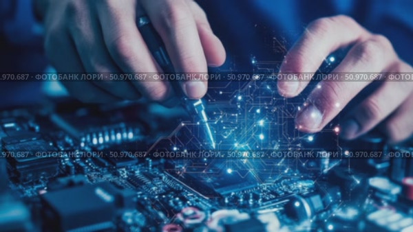 Human hands skillfully engaging with an illuminated circuit board, symbolizing advanced digital connectivity and scientific progress. Стоковое AI-видео, аниматор Данила Большаков / Фотобанк Лори