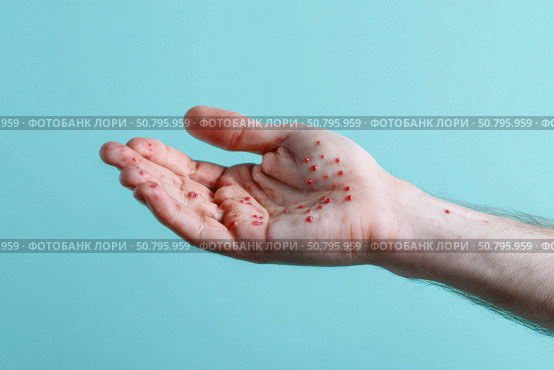 Human Hands with Painful Rash, Red Spots Blisters on the Skin. Health Problem. Monkeypox Disease Symptoms. Male Patient Arms with Monkey Pox. Close Up. Dengue Fever Infection, MPOX. Herpes, Pox Virus. Стоковое AI-изображение, AI-художник Марина Демидюк / Фотобанк Лори
