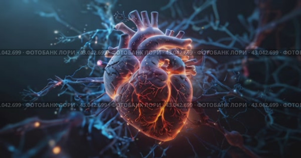 human heart with light grids symbolizing the complexity of cardiovascular health, nerve connections, impulses and nerve endings on a dark background. Стоковое AI-видео, аниматор Александр Довянский / Фотобанк Лори