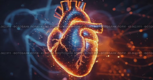human heart with light grids symbolizing the complexity of cardiovascular health, nerve connections, impulses and nerve endings on a dark background. Стоковое AI-видео, аниматор Александр Довянский / Фотобанк Лори