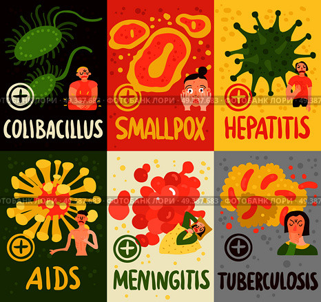 Human viruses cards set with meningitis and smallpox symbols flat isolated vector illustration . Human Viruses Cards Set. Стоковая иллюстрация, агентство Ingram Publishing / Фотобанк Лори