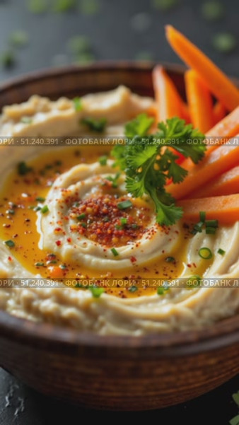 Hummus served in bowl with carrots and herbs on dark background. Стоковое AI-видео, аниматор KATERINA AI / Фотобанк Лори