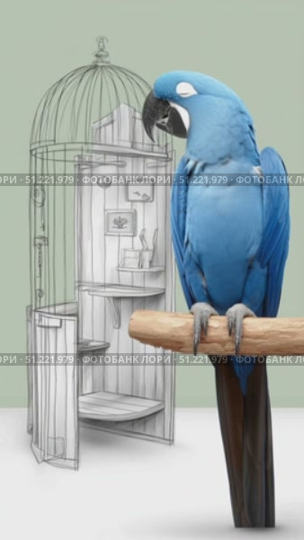 Hyacinth macaw perching on wooden branch beside bird cage sketch, displaying vivid blue feathers against soft green studio background. Стоковое AI-видео, аниматор Юрий Поздников / Фотобанк Лори
