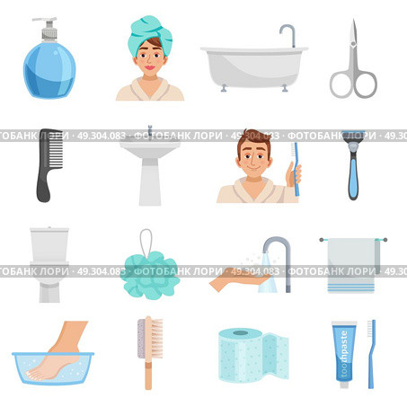 Hygiene Products Icon Set. Hygiene isolated elements set with sixteen icons of towels bast wisp combs scissors and various toiletry vector illustration. Стоковая иллюстрация, агентство Ingram Publishing / Фотобанк Лори