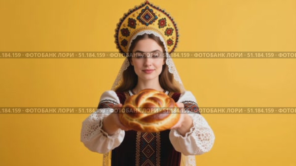 Hyper-real medium portrait of the same woman in kokoshnik presenting the karavai toward camera at chest height. Стоковое AI-видео, аниматор Виктория Кольцова / Фотобанк Лори