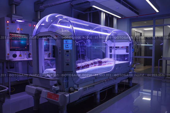 Hyperbaric oxygen therapy chamber operating in hospital room. Стоковое AI-изображение, AI-художник Иван Рябоконь / Фотобанк Лори