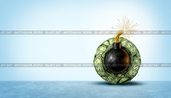Hyperinflation economy and global inflation concept or overvalued economics as a financial crisis and inflated prices as a finance risk to investors and speculative valuation ready to explode as an exploding bomb as a 3D Illustration. Стоковое фото, агентство Ingram Publishing / Фотобанк Лори