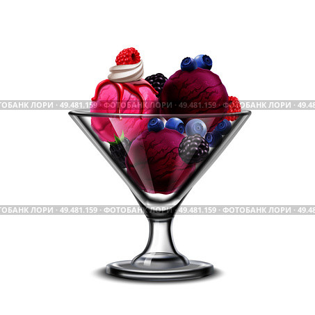 Ice cream in glass bowl realistic composition with fresh berries and violet scoops of icecream vector illustration. Berry Ice Cream Composition. Стоковая иллюстрация, агентство Ingram Publishing / Фотобанк Лори