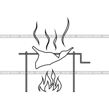 Icon of roasting meat on fire. Thin line design. Vector illustration. Стоковое фото, агентство Ingram Publishing / Фотобанк Лори