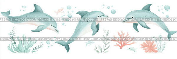 Игривые дельфины в пастельных тонах аквамарина, иллюстрирующие радостные прыжки среди кораллов и морской жизни. Стоковое AI-изображение, AI-художник ФотоИнтеллект / Фотобанк Лори