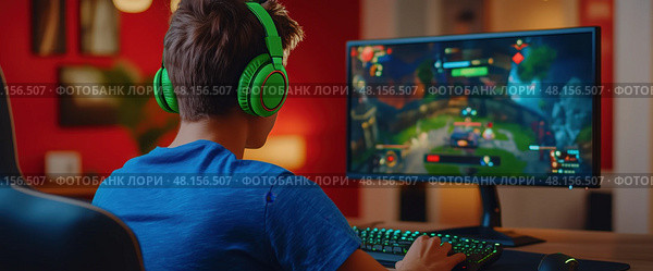 Игрок с наушниками за компьютером. Стоковое AI-изображение, AI-художник Александр Жуков / Фотобанк Лори