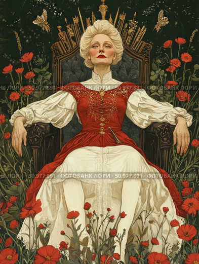 Illustration in the style of symbolism and retro graphics: a majestic woman with a proud expression sits on a throne among bright red poppies. Her outfit in the spirit of European Baroque - a red corset with gold decorations and a lush white skirt - emphasizes her royal dignity. The throne is decorated with gold elements, behind her is a stylized crown of ears of corn and swords. The atmosphere of the image is strength, feminine power, pride and connection with nature. Suitable for art projects, book design, posters and collections related to female archetypes. Стоковое AI-изображение, AI-художник Анна Кривицкая / Фотобанк Лори