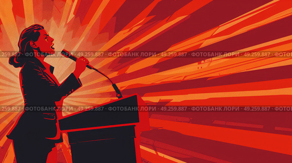 Illustration of a woman speaking confidently into a microphone. Стоковое AI-изображение, AI-художник Данила Большаков / Фотобанк Лори