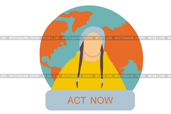 Illustration of Greta Tunberg with our planet on background and a banner with the quote Act Now - Environmental Activism . Стоковое фото, агентство Ingram Publishing / Фотобанк Лори