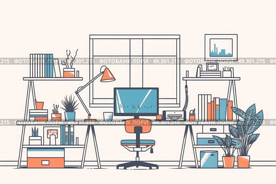 Illustration showcasing a modern home office setting with a desk, bookshelf, and various plants adding a touch of nature to the space. Стоковое AI-изображение, AI-художник Данила Большаков / Фотобанк Лори