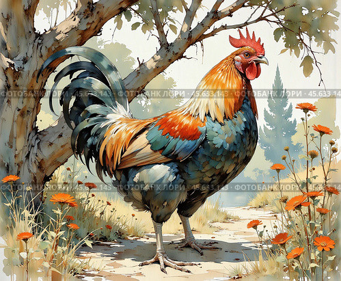 Иллюстрация. Акварель. Портрет петуха. Illustration. Watercolor. Portrait of a rooster. Стоковое AI-изображение, AI-художник Гер Олег / Фотобанк Лори