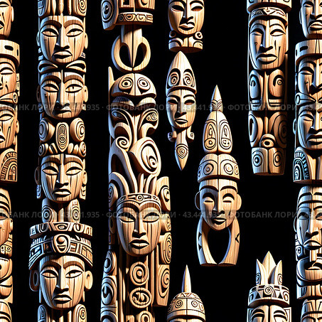 Иллюстрация. Изображение. Бесшовная текстура.Тотемные идолы. Illustration. Image. Seamless texture.Totem idols. Стоковое AI-изображение, AI-художник Гер Олег / Фотобанк Лори