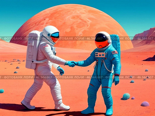 Иллюстрация космонавтов на неизвестной планете. Стоковое AI-изображение, AI-художник ольга скальская / Фотобанк Лори