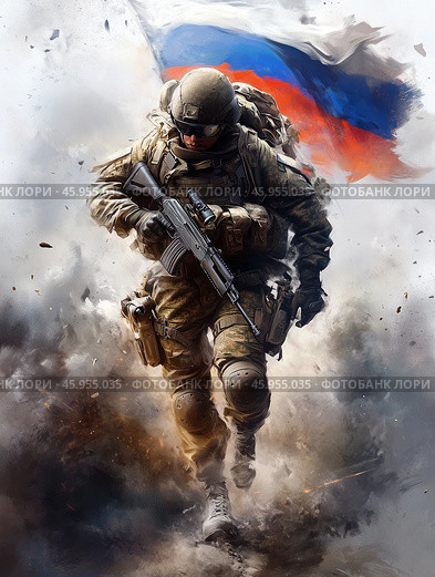 Image of a Soldier of Russian army on background of Russian flag. Стоковое AI-изображение, AI-художник ArtVladZ / Фотобанк Лори