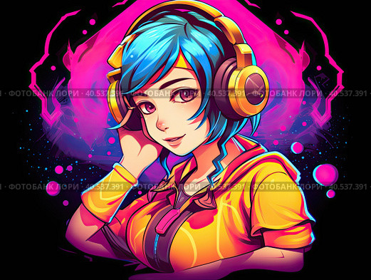 Image of an anime girl listening to music with headphones, video game style, colorful color saturation, neon. Created by AI. Стоковое AI-изображение, AI-художник Ярославский Максим / Фотобанк Лори