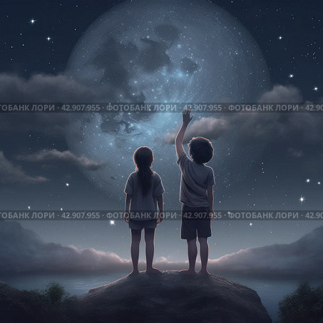 Image of two children standing on top of a hill looking up at a huge, brightly glowing moon that fills the night sky. The moon is detailed to such an extent that its craters and landforms look almost magical. Стоковое AI-изображение, AI-художник Анна Кривицкая / Фотобанк Лори