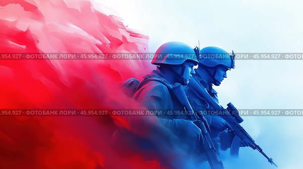 Image of two Soldiers of the Russian army in the colors of the Russian flag. Стоковое AI-изображение, AI-художник ArtVladZ / Фотобанк Лори