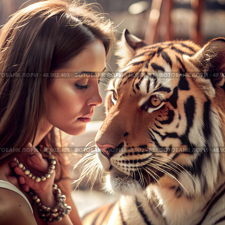 Image portrait of pretty young woman hugging wild tiger. Relationship between man and animals. Wild animals in a natural wildlife habitat. Animal protection, volunteering, nurseries, zoos. Стоковое AI-изображение, AI-художник Анна Сивакова / Фотобанк Лори