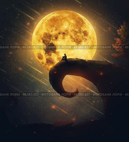 Imaginary night view with a lone man silhouette sitting on the edge of a peak against full moon and starry sky. Surreal place inspired by the nightmare before christmas scenes. Magic dreamland concept. Стоковое фото, агентство Ingram Publishing / Фотобанк Лори