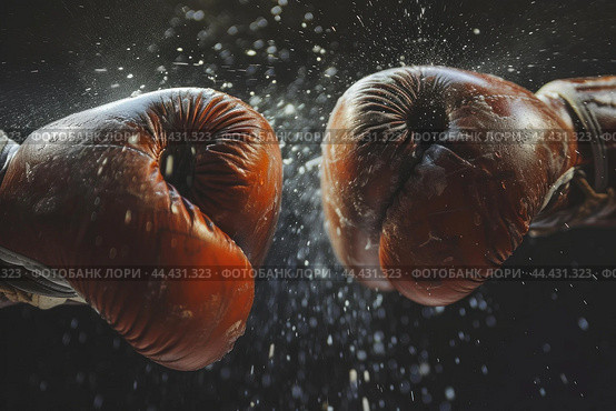 Impact moment: close-up of boxing gloves clash. Стоковое AI-изображение, AI-художник Иван Рябоконь / Фотобанк Лори