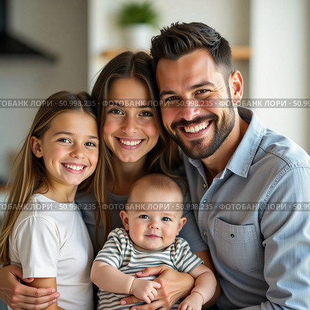 In a bright kitchen, a joyful family gathers for a cherished moment. Parents hold their children close, sharing smiles and warmth as love radiates throughout the space Generative AI. Стоковое AI-изображение, AI-художник Юлия Петровская / Фотобанк Лори
