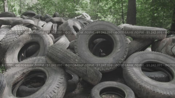 In a dense forest, piles of discarded rubber tires lie abandoned, highlighting the severe problem of pollution and its harmful effects on the surrounding ecosystem and wildlife. Стоковое видео, видеограф Громов Александр / Фотобанк Лори