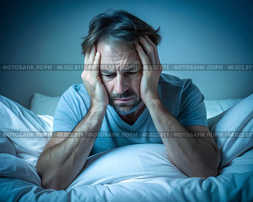 In a dimly lit room, a man sits on his bed, hands on his head, lost in troubled thoughts. Restless anxiety steals away his peaceful slumber, leaving him introspective and contemplative. Стоковое AI-изображение, AI-художник Ольга Игнашина / Фотобанк Лори