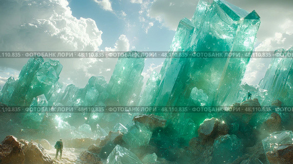 In a dreamlike environment, explorers trek through a vibrant terrain dominated by massive turquoise crystals, reflecting sunlight against a clear sky. Стоковое AI-изображение, AI-художник Данила Большаков / Фотобанк Лори