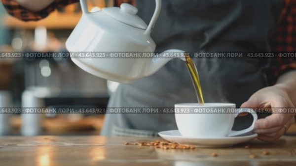 In a graceful manner, someone is pouring tea into a cup placed on a saucer, showcasing elegance. Стоковое AI-видео, аниматор Юрий Поздников / Фотобанк Лори