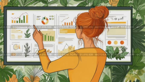 In an inviting office setting, a woman engages her coworkers by pointing at colorful data visuals while discussing key insights surrounded by plants. Стоковое AI-видео, аниматор Данила Большаков / Фотобанк Лори